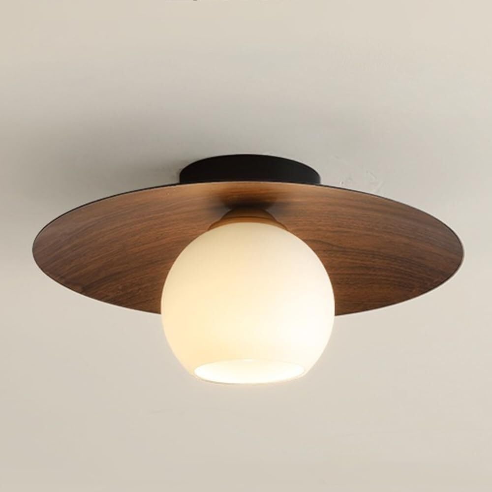 Walnut Grain White Globe Glass Semi Flush Ceiling Light