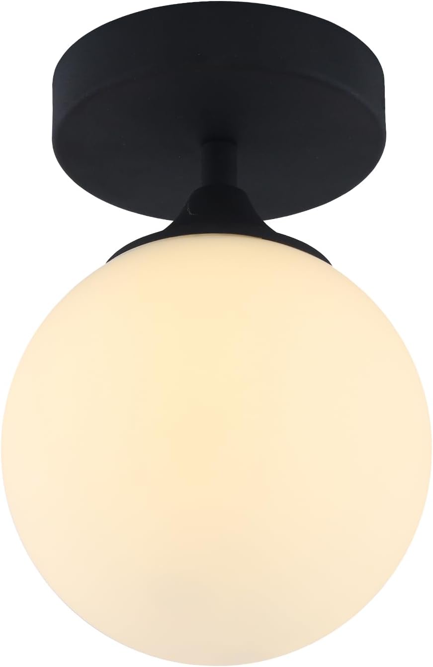 Black Milk Glass Globe Semi Flush Light