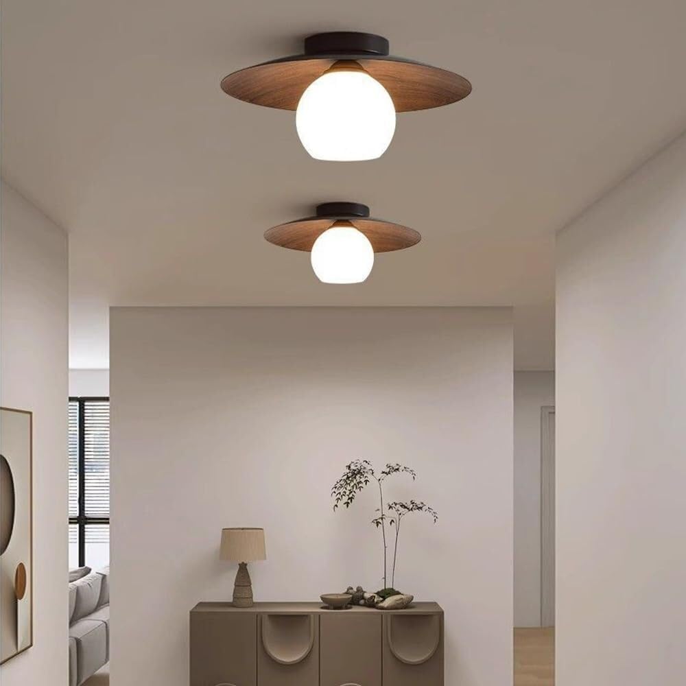 Walnut Grain White Globe Glass Semi Flush Ceiling Light