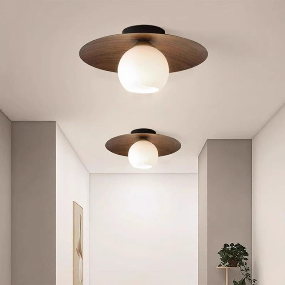 Walnut Grain White Globe Glass Semi Flush Ceiling Light