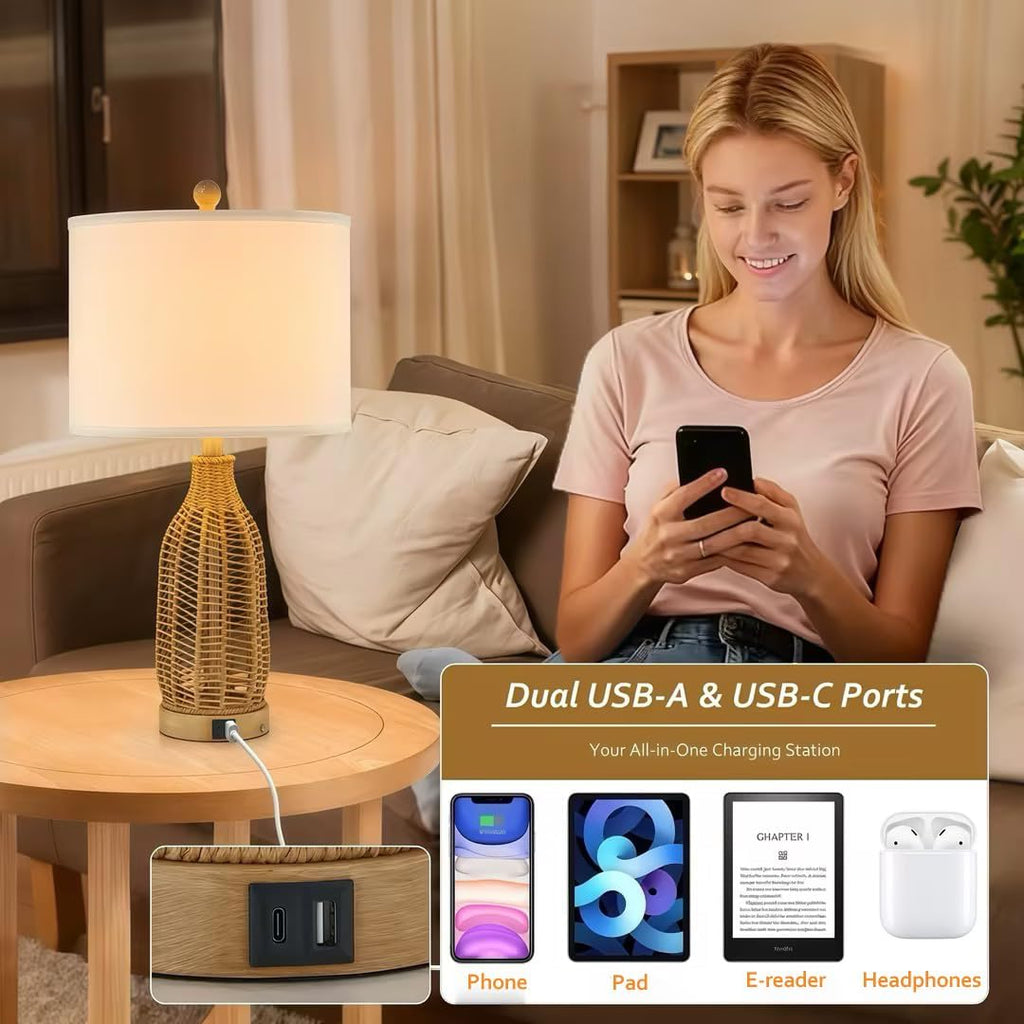 24.5" Rattan USB A+C Table Lamps Set