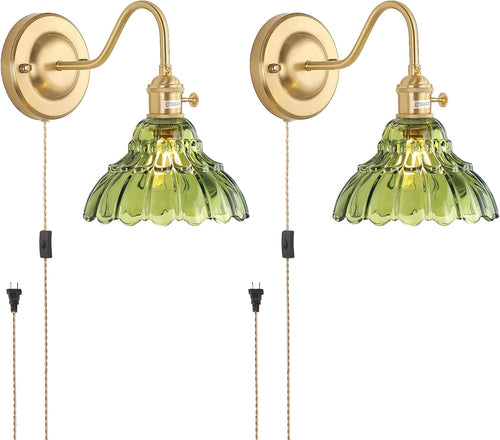 2 Pack Gold Green Lily Glass Plug-in Wall Sconces
