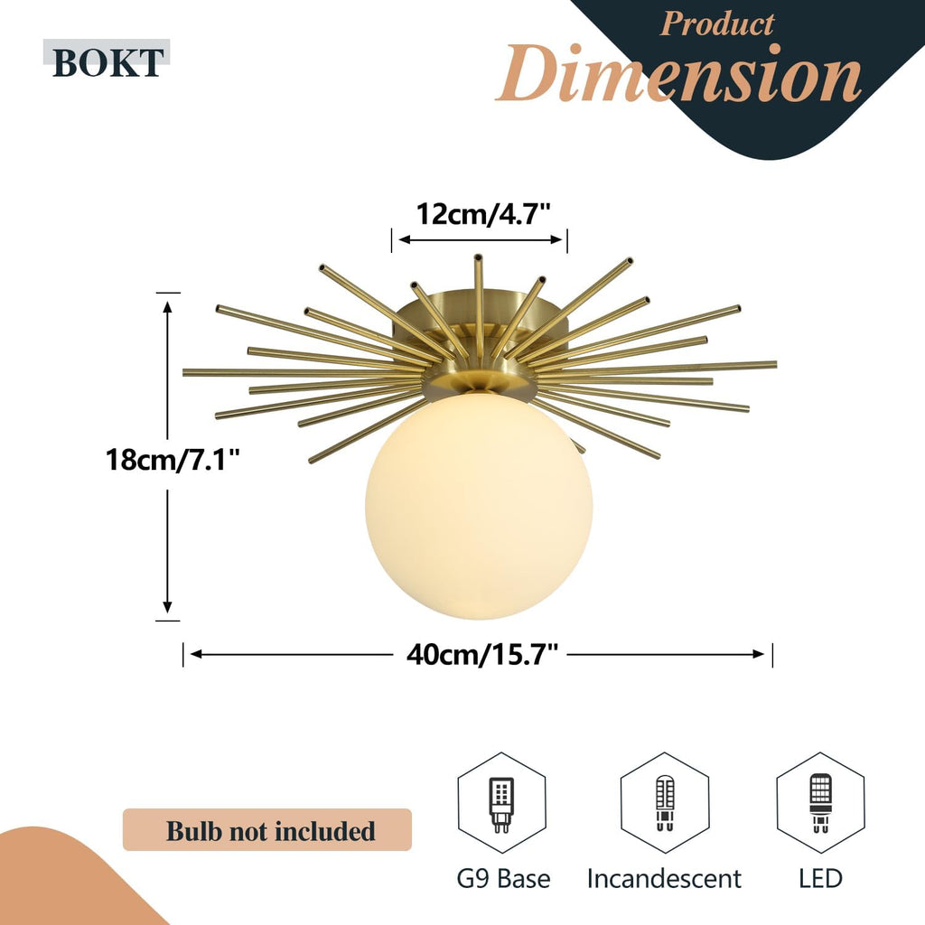 Brushed Brass White Glass Globe Semi Flush Ceiling Light