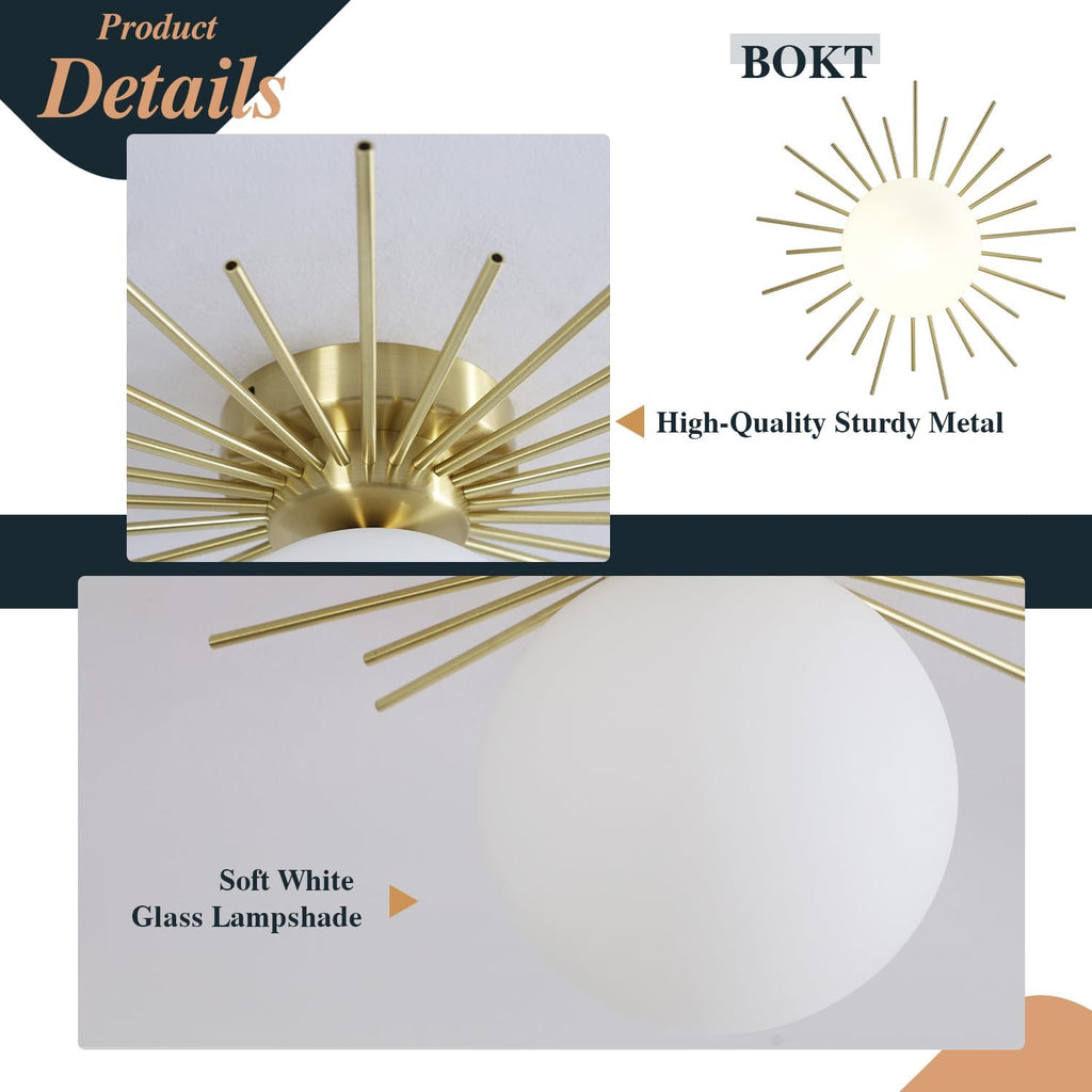 Brushed Brass White Glass Globe Semi Flush Ceiling Light
