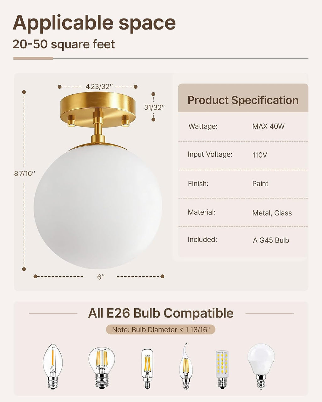 6" Gold Milk Glass Semi Flush Ceiling Light