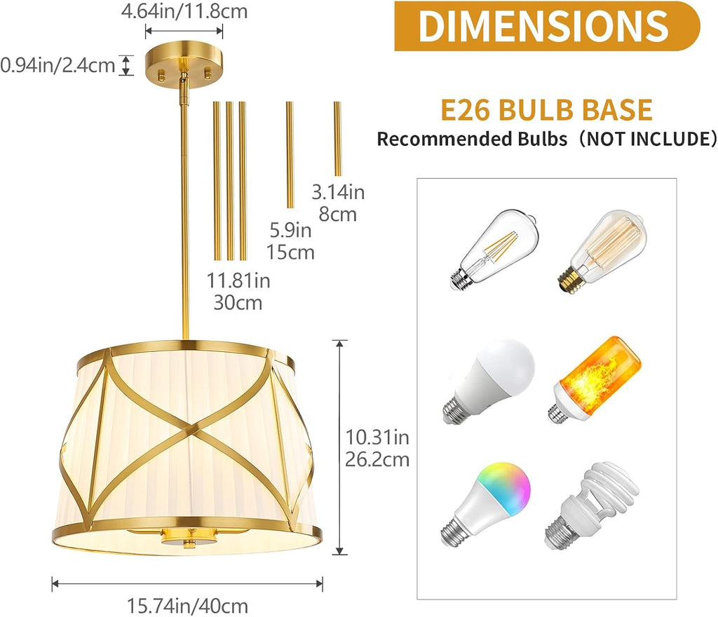 16" Gold White Fabric Drum Pendant Light