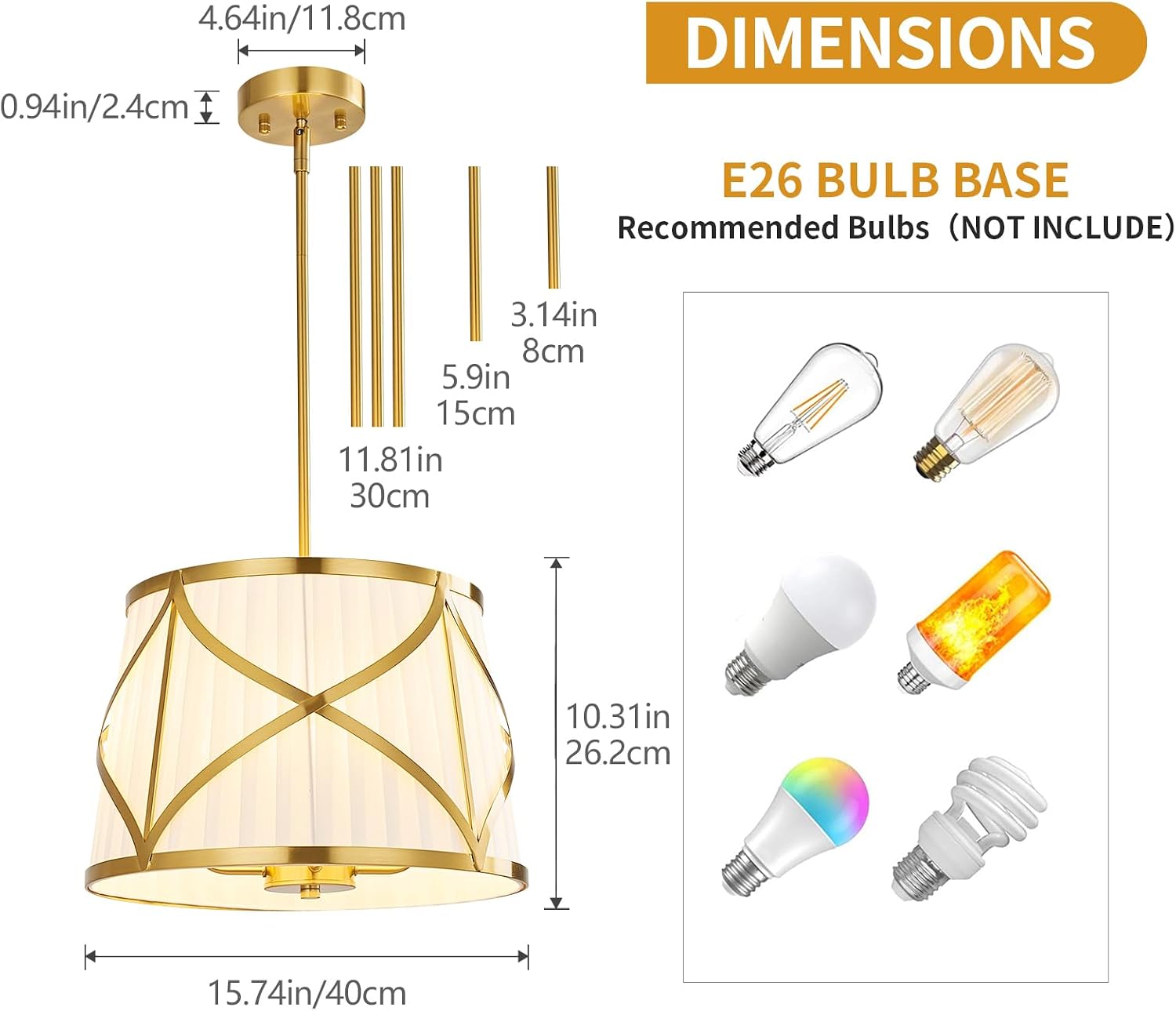 16" Gold White Fabric Drum Pendant Light