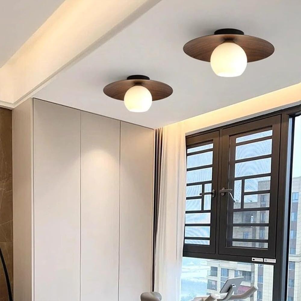 Walnut Grain White Globe Glass Semi Flush Ceiling Light