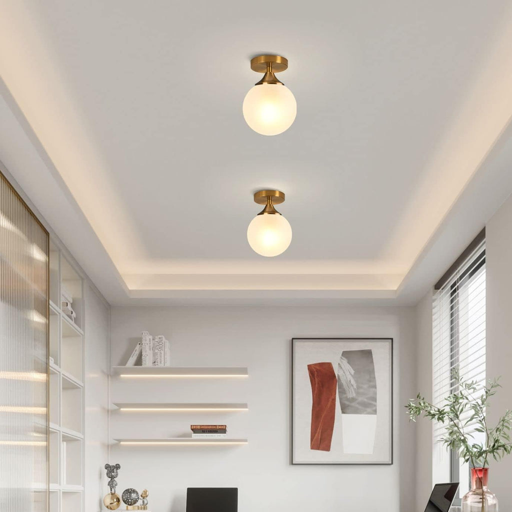 Gold Milk Glass Globe Semi Flush Ceiling Light