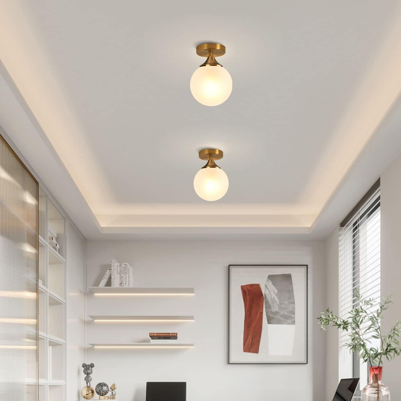 Gold Milk Glass Globe Semi Flush Ceiling Light