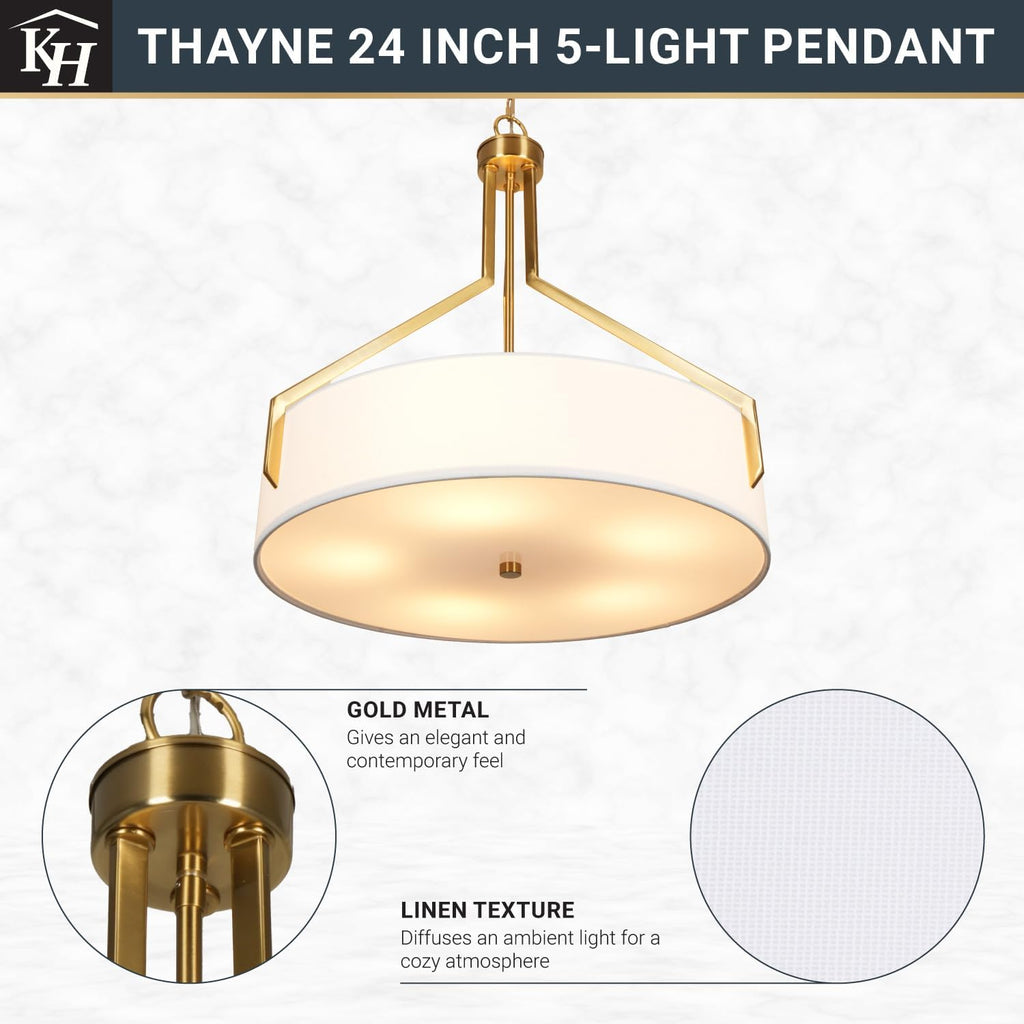 5-Light Gold Linen Drum Pendant