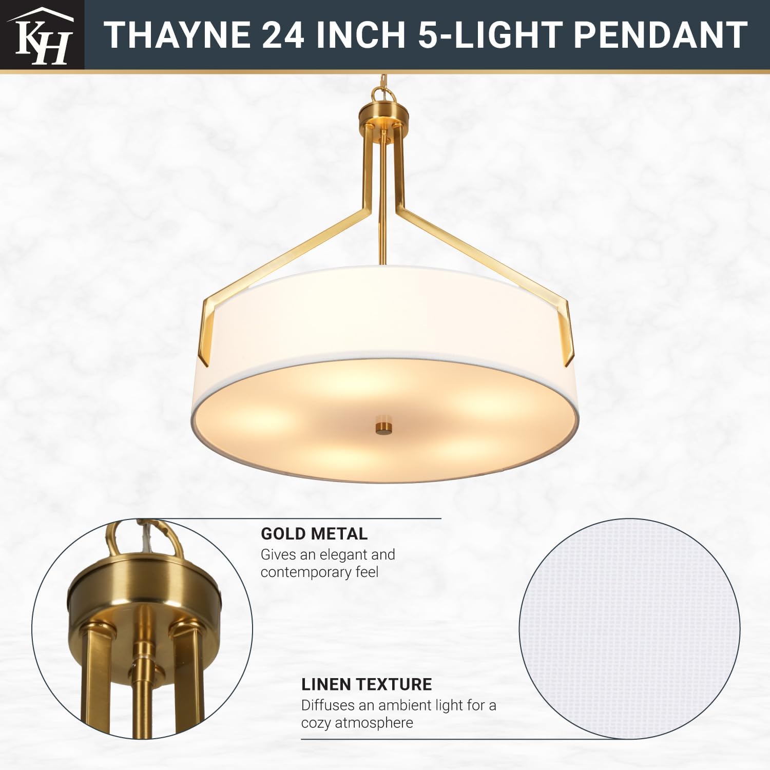 5-Light Gold Linen Drum Pendant