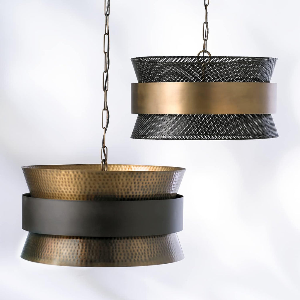 Patinaed Brass Hourglass Drum Pendant Light