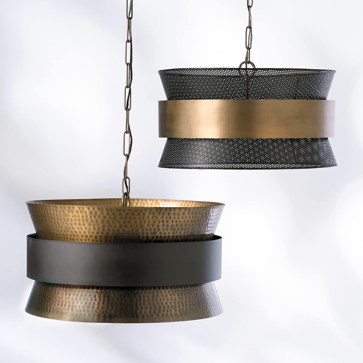 Patinaed Brass Hourglass Drum Pendant Light