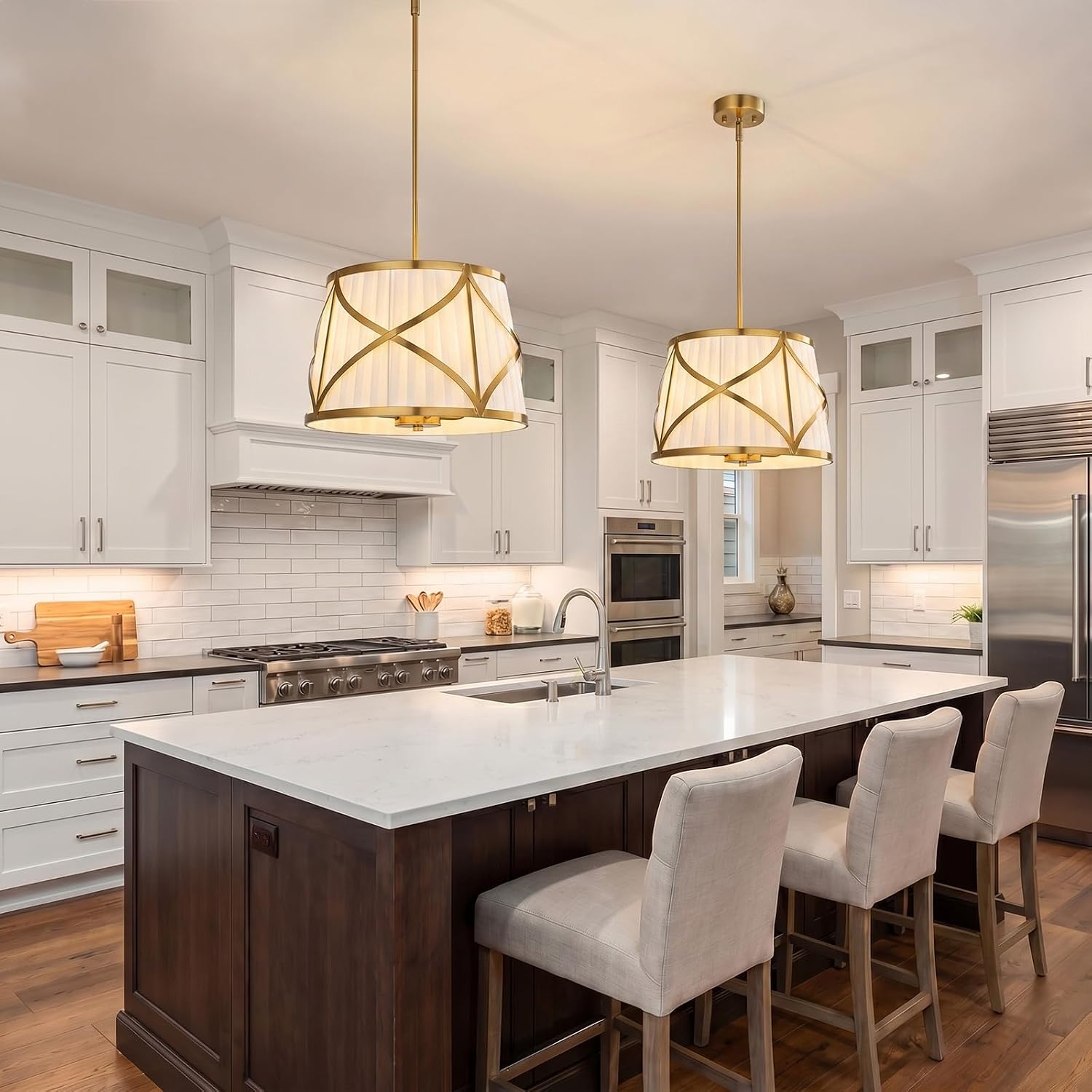 16" Gold White Fabric Drum Pendant Light
