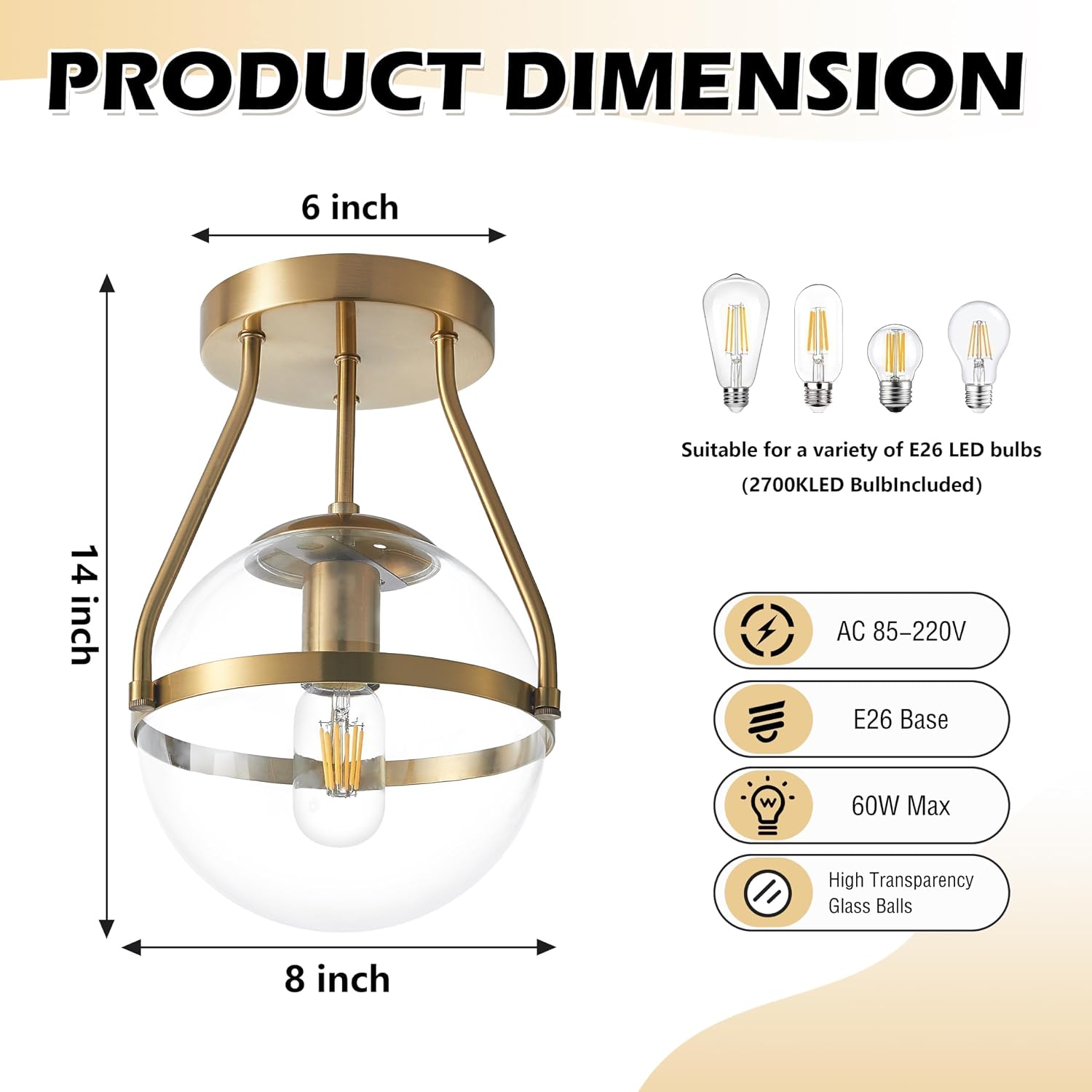 8" Gold Clear Glass Globe Semi Flush Ceiling Light