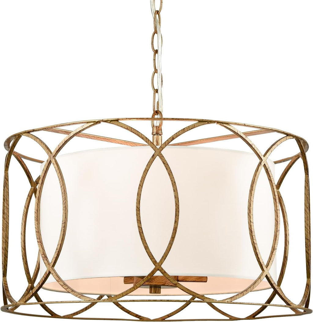 3-Light Brass Linen Drum Chandelier