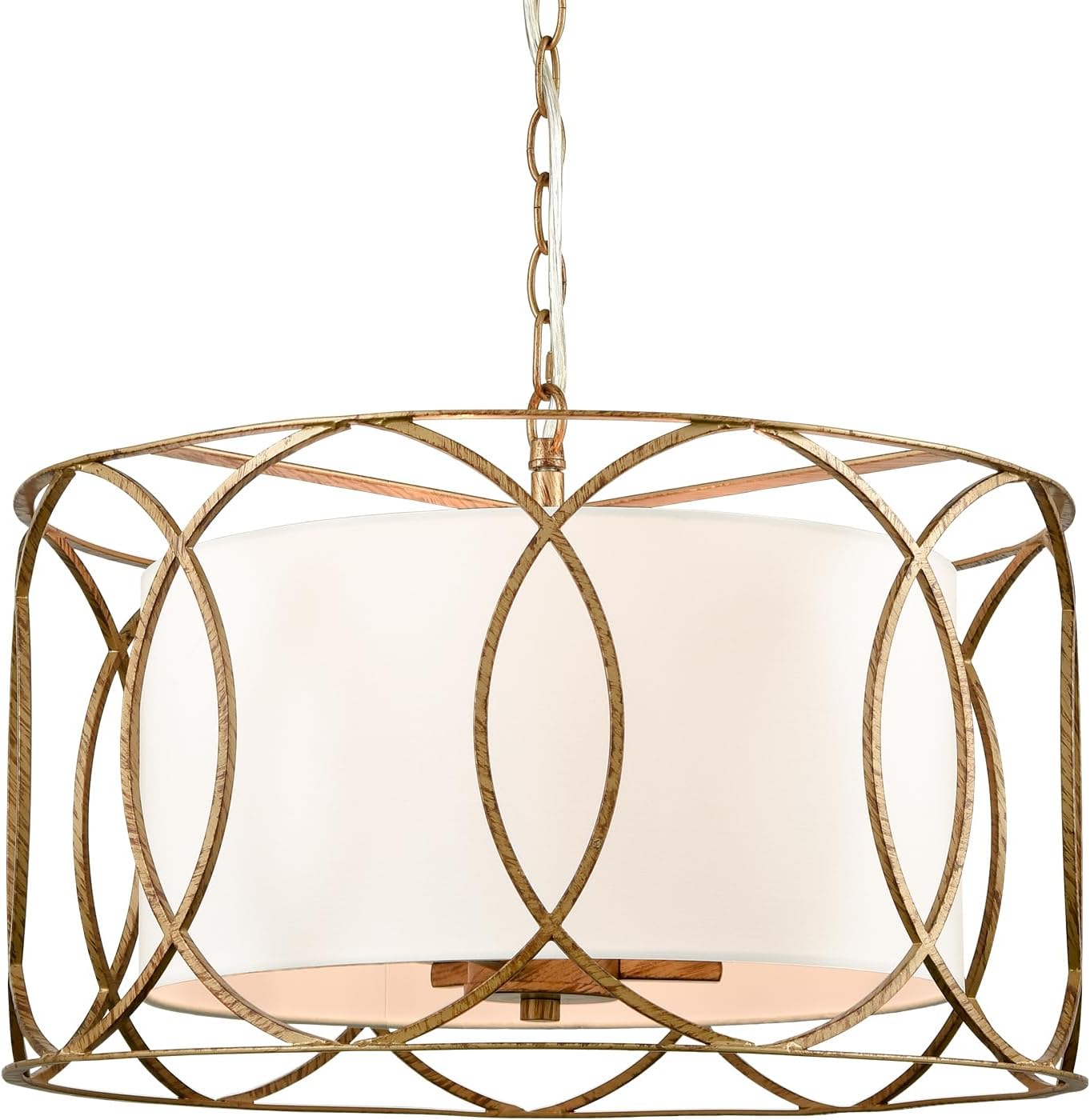 3-Light Brass Linen Drum Chandelier