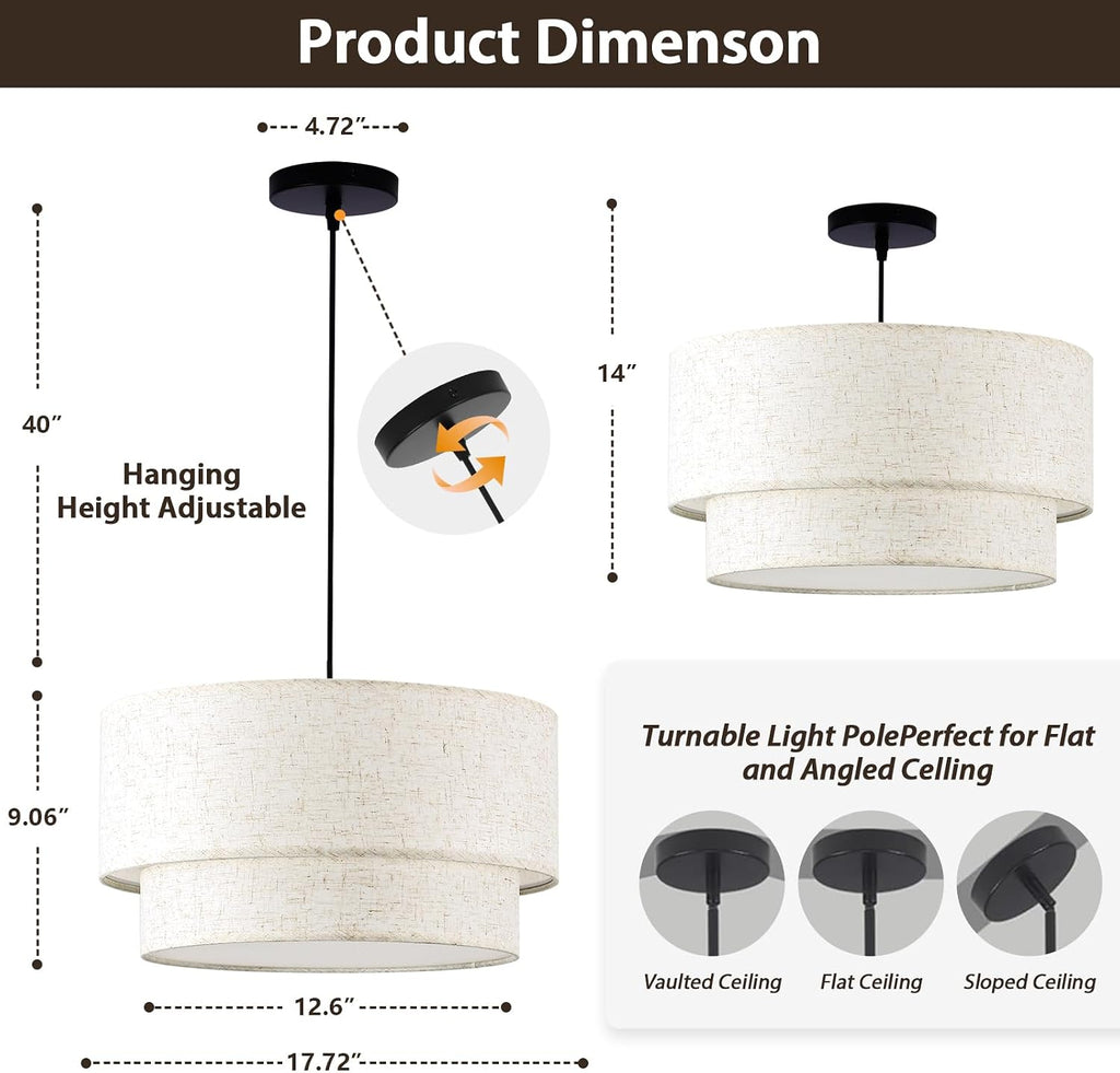 3-Light Double Linen Drum Chandelier