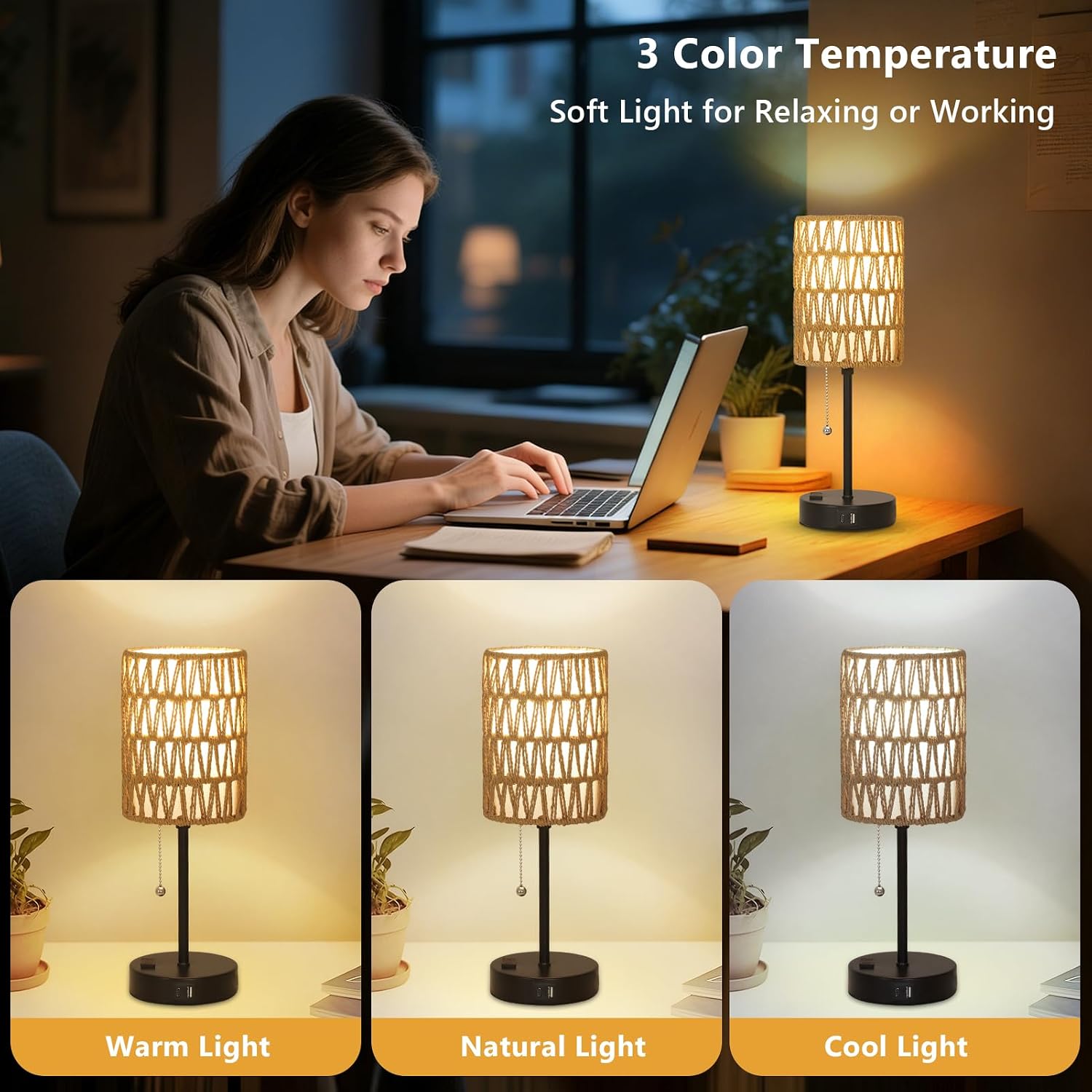 USB Rattan Table Lamp Set