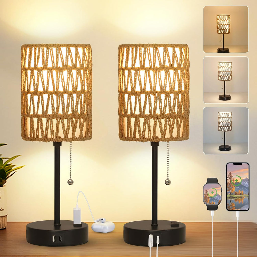 USB Rattan Table Lamp Set