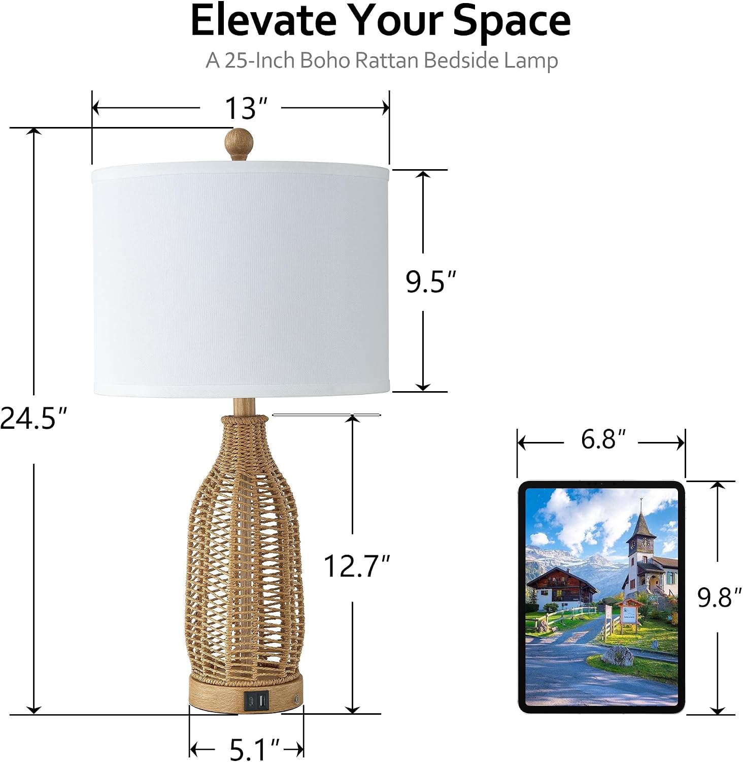 24.5" Rattan USB A+C Table Lamps Set