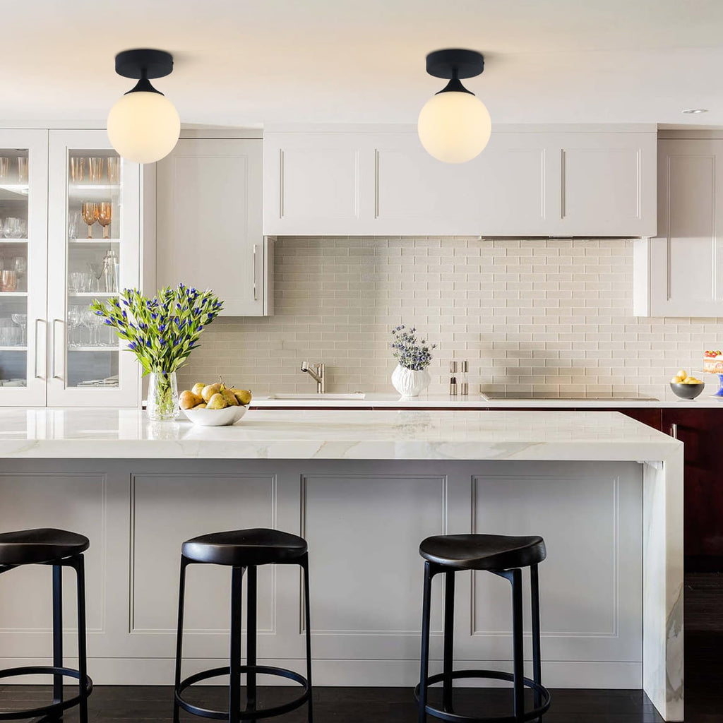 Black Milk Glass Globe Semi Flush Light