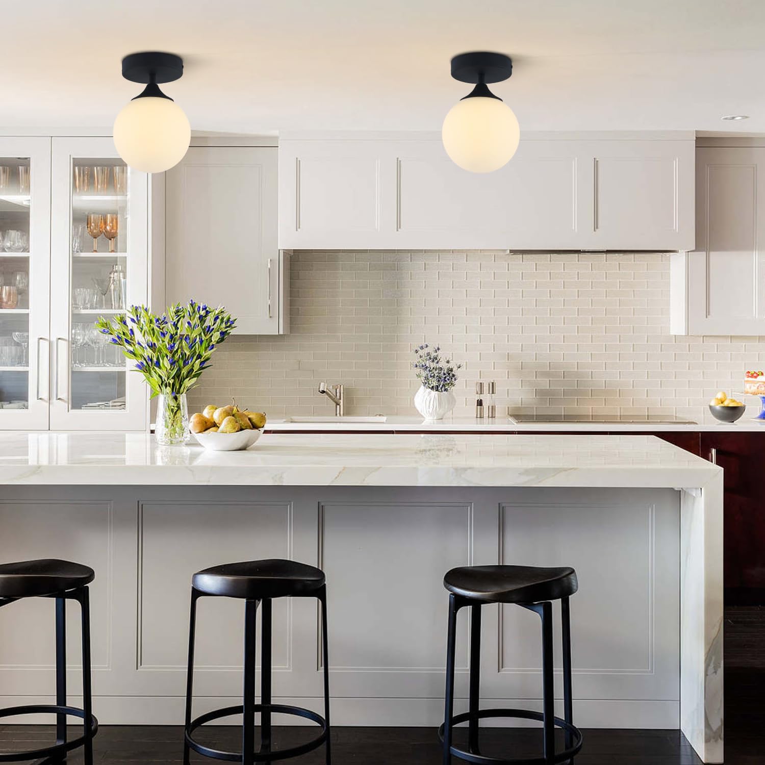 Black Milk Glass Globe Semi Flush Light