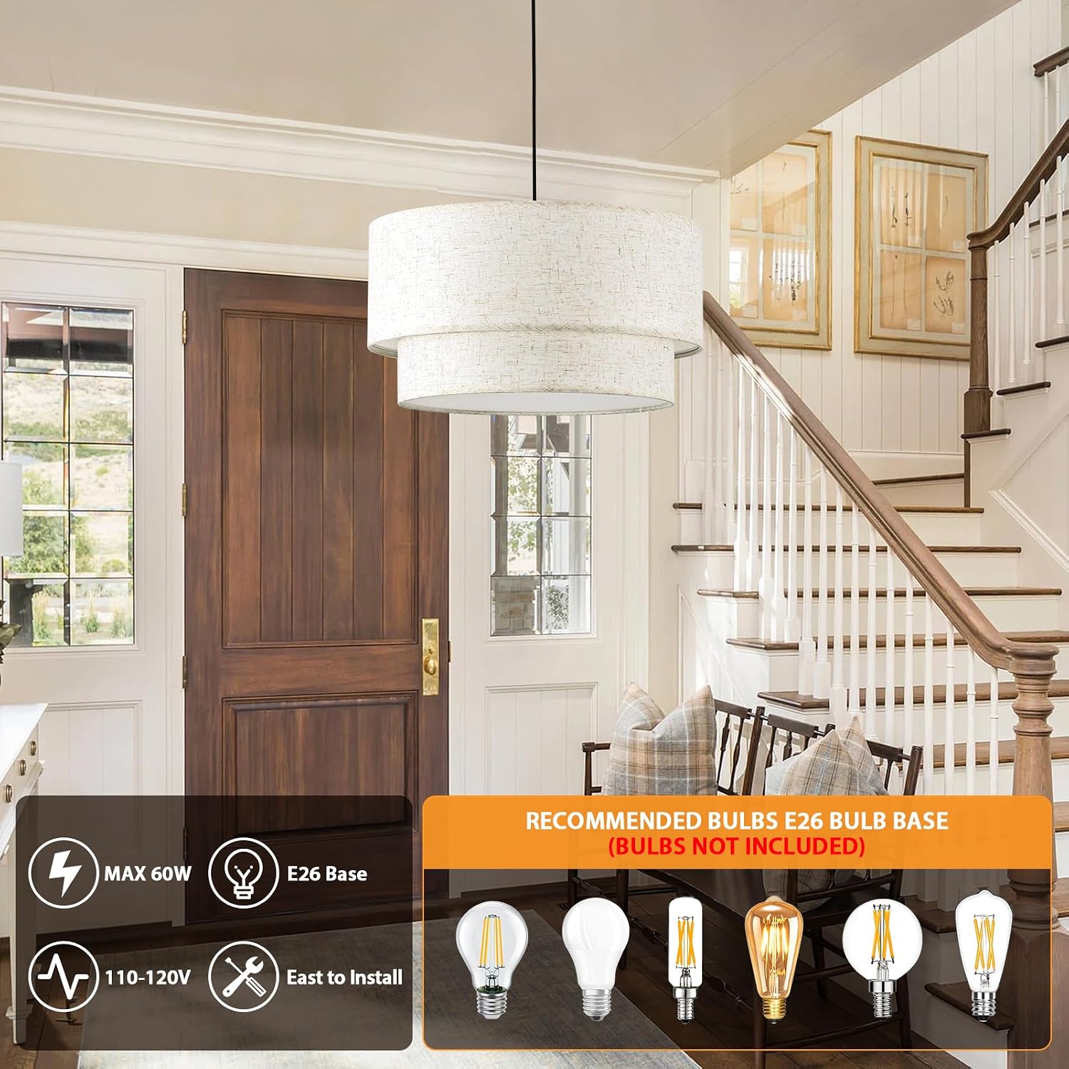 3-Light Double Linen Drum Chandelier