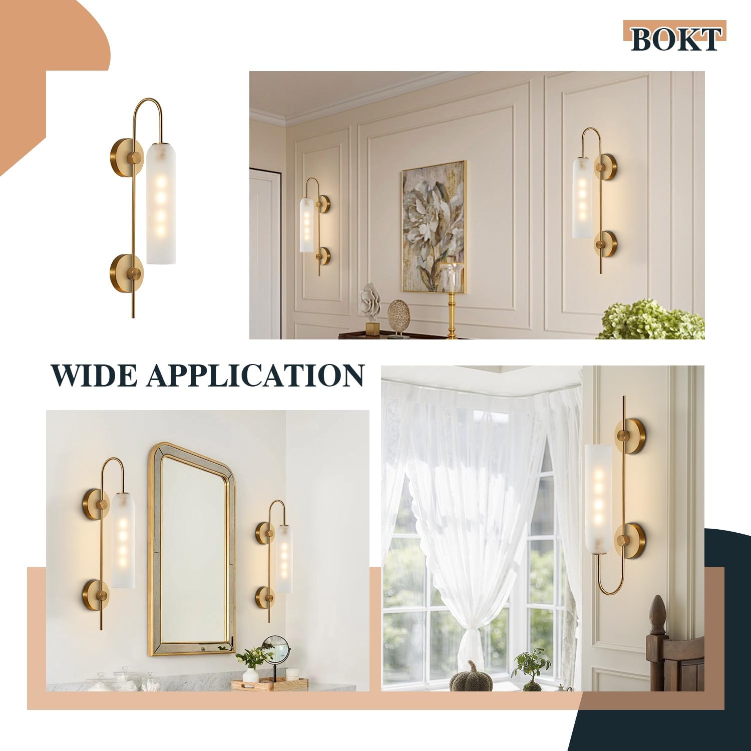 Brushed Gold White Glass Mid Century Wall Sconce