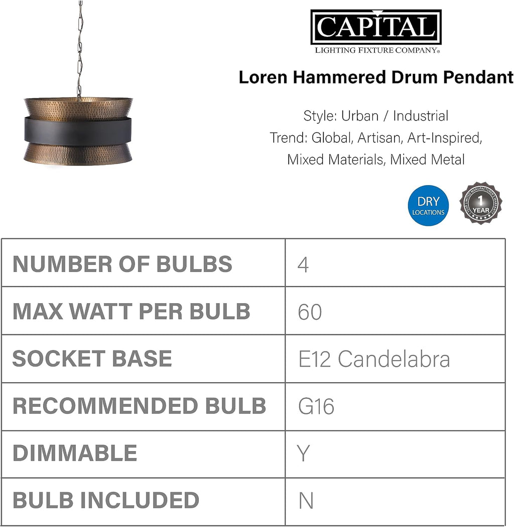 Patinaed Brass Hourglass Drum Pendant Light