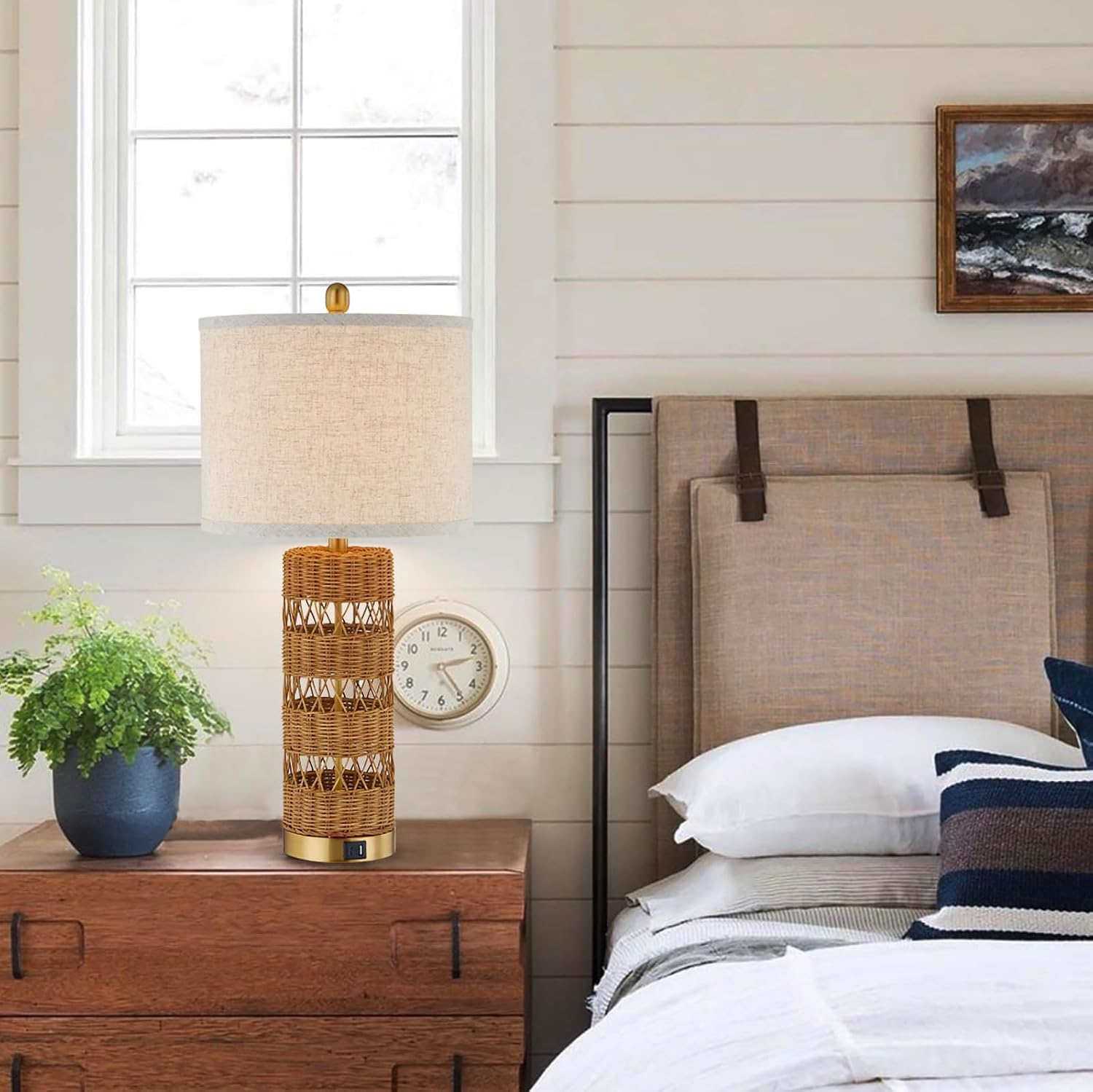 2 Rattan Bedside Table Lamps Set