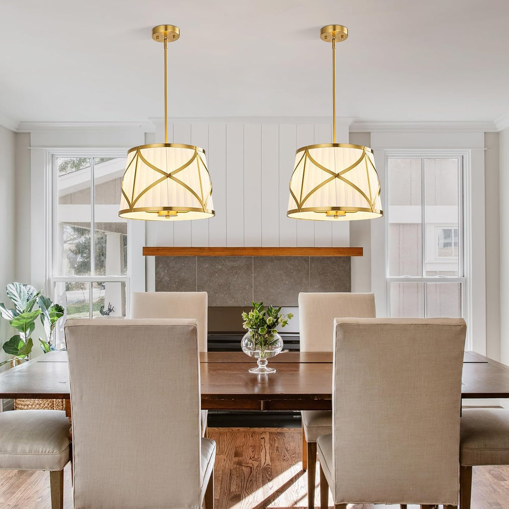16" Gold White Fabric Drum Pendant Light
