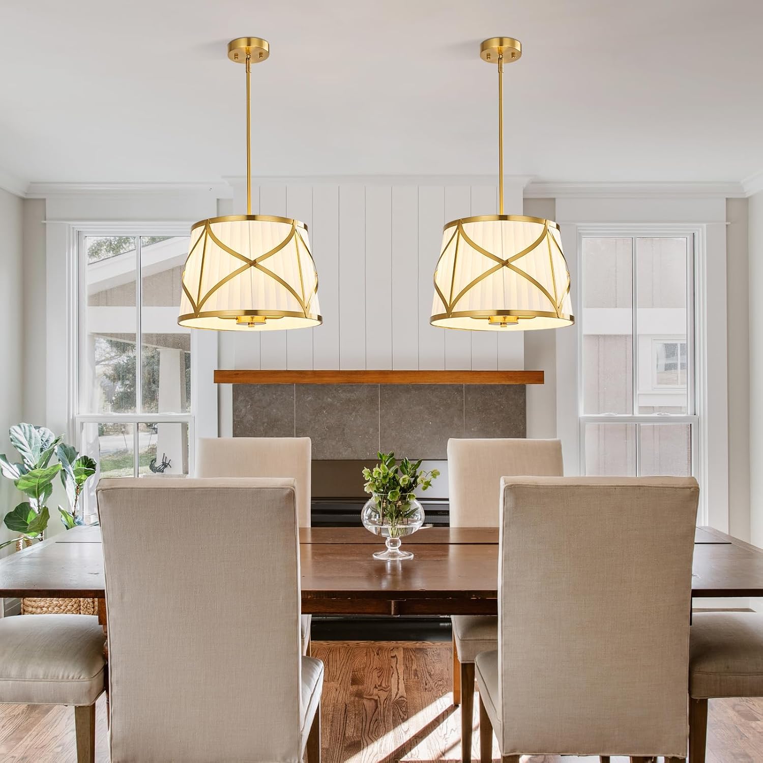 16" Gold White Fabric Drum Pendant Light