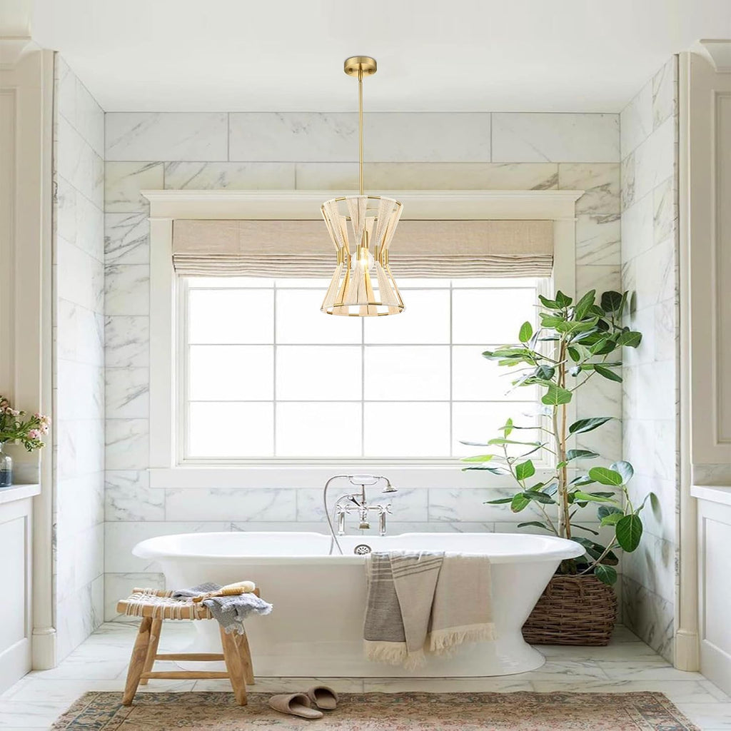 Gold Rope Coastal Boho Drum Pendant Light