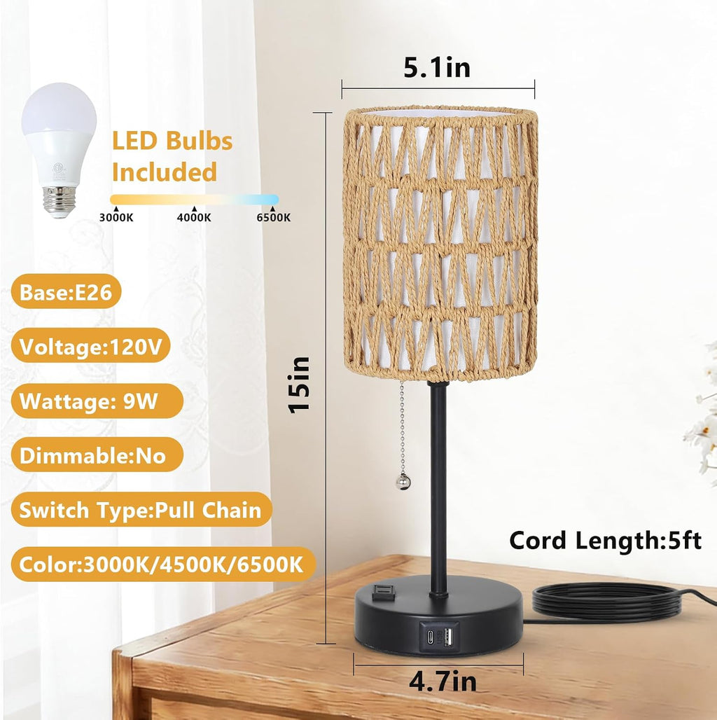 USB Rattan Table Lamp Set