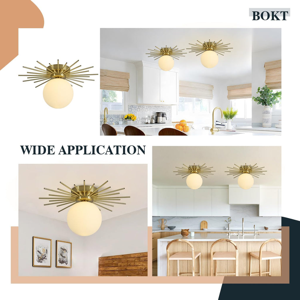 Brushed Brass White Glass Globe Semi Flush Ceiling Light