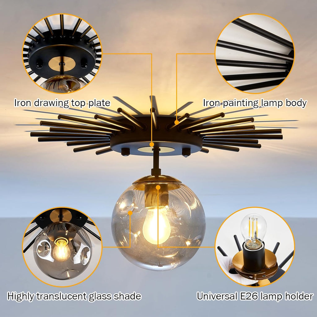 1-Light Black Sputnik Glass Globe Flush Mount Ceiling Light