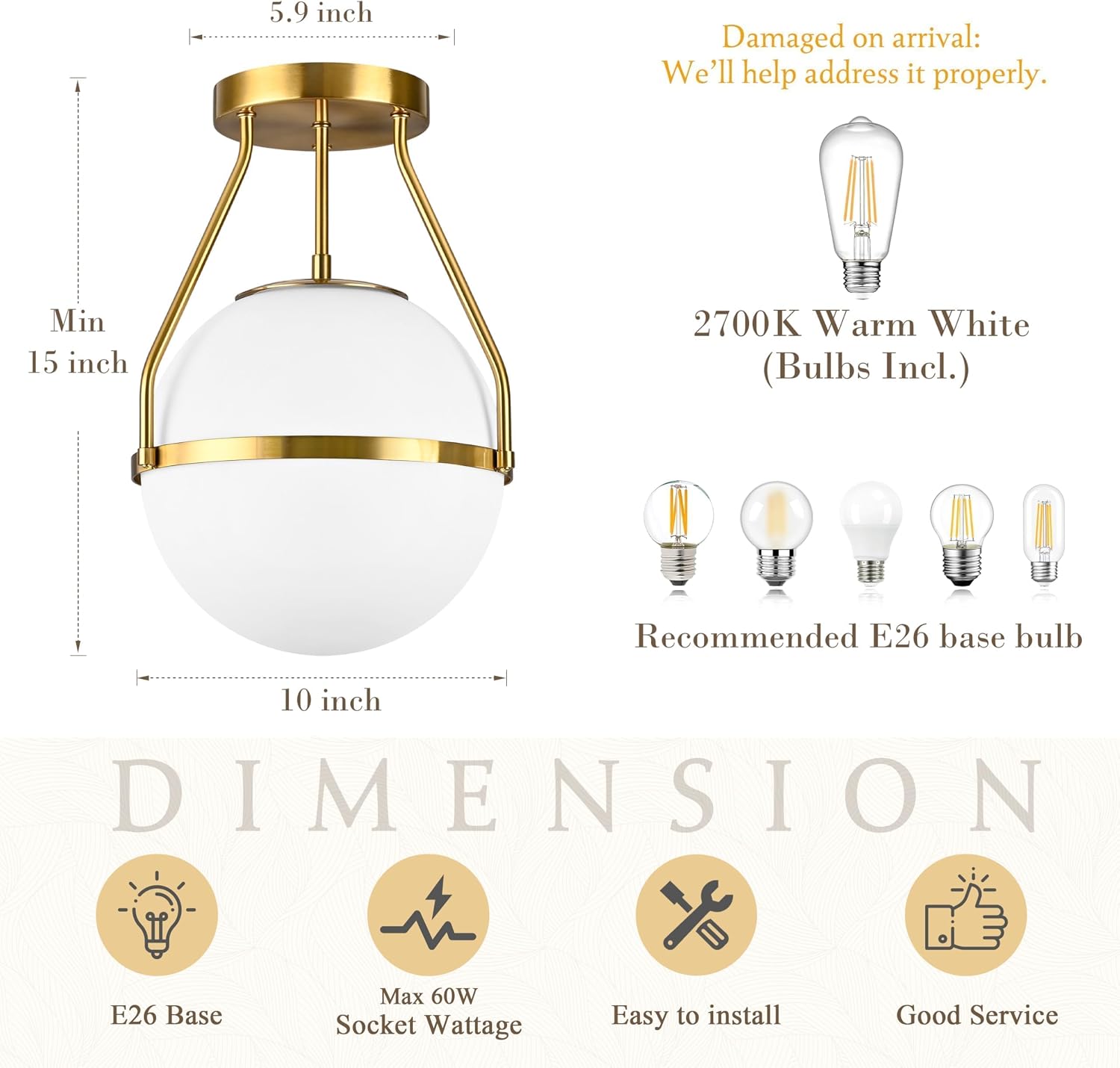 10" Brass Milk Glass Globe Semi Flush Ceiling Light