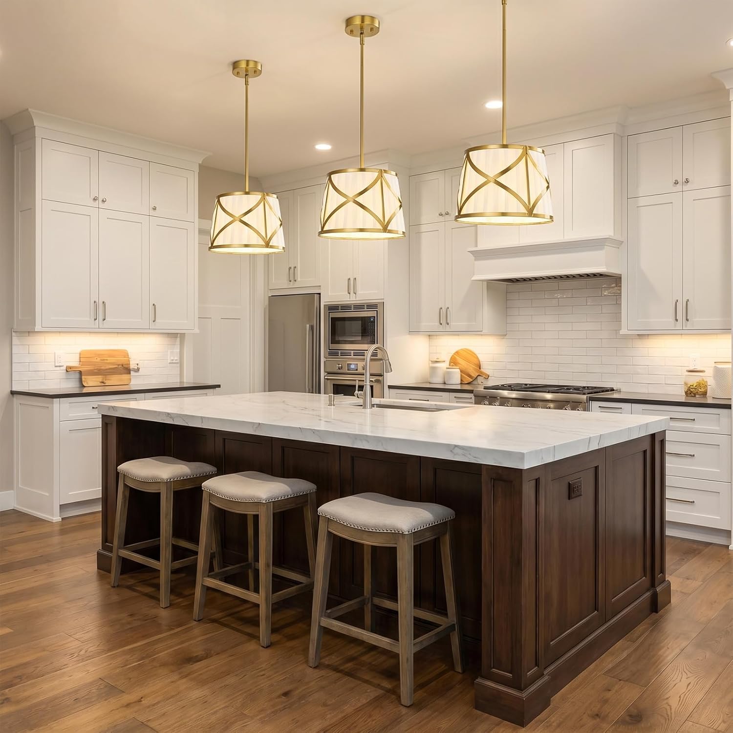 Gold Fabric Drum Pendant Light