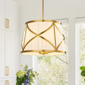 16" Gold White Fabric Drum Pendant Light