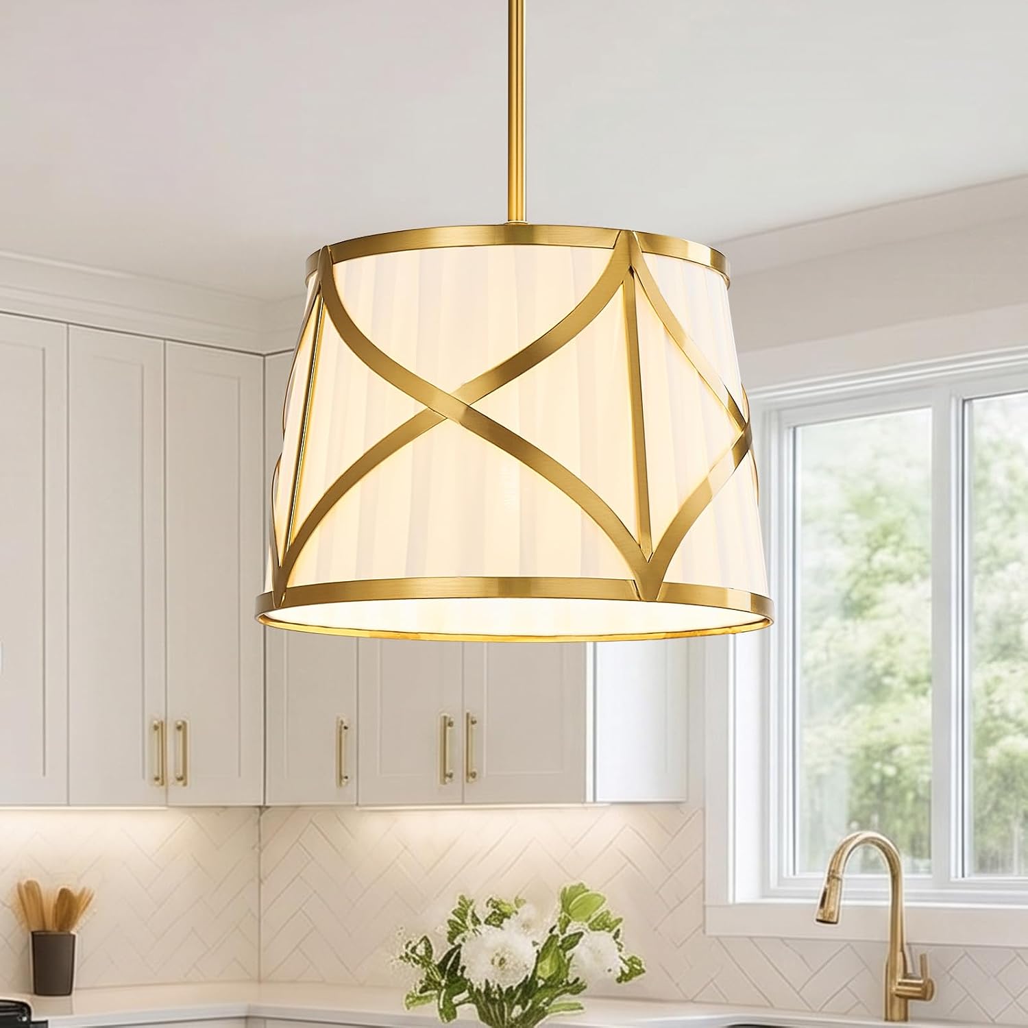 Gold Fabric Drum Pendant Light