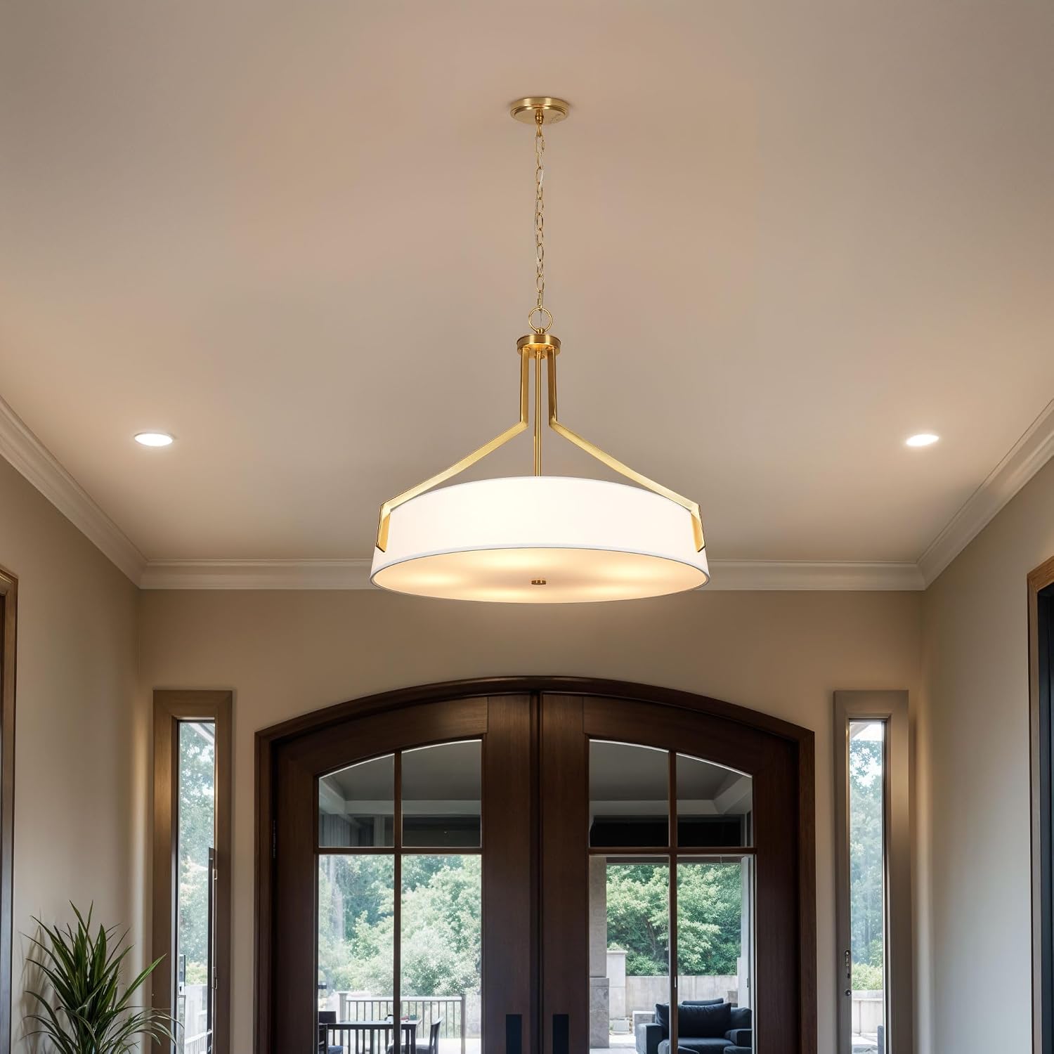 5-Light Gold Linen Drum Pendant