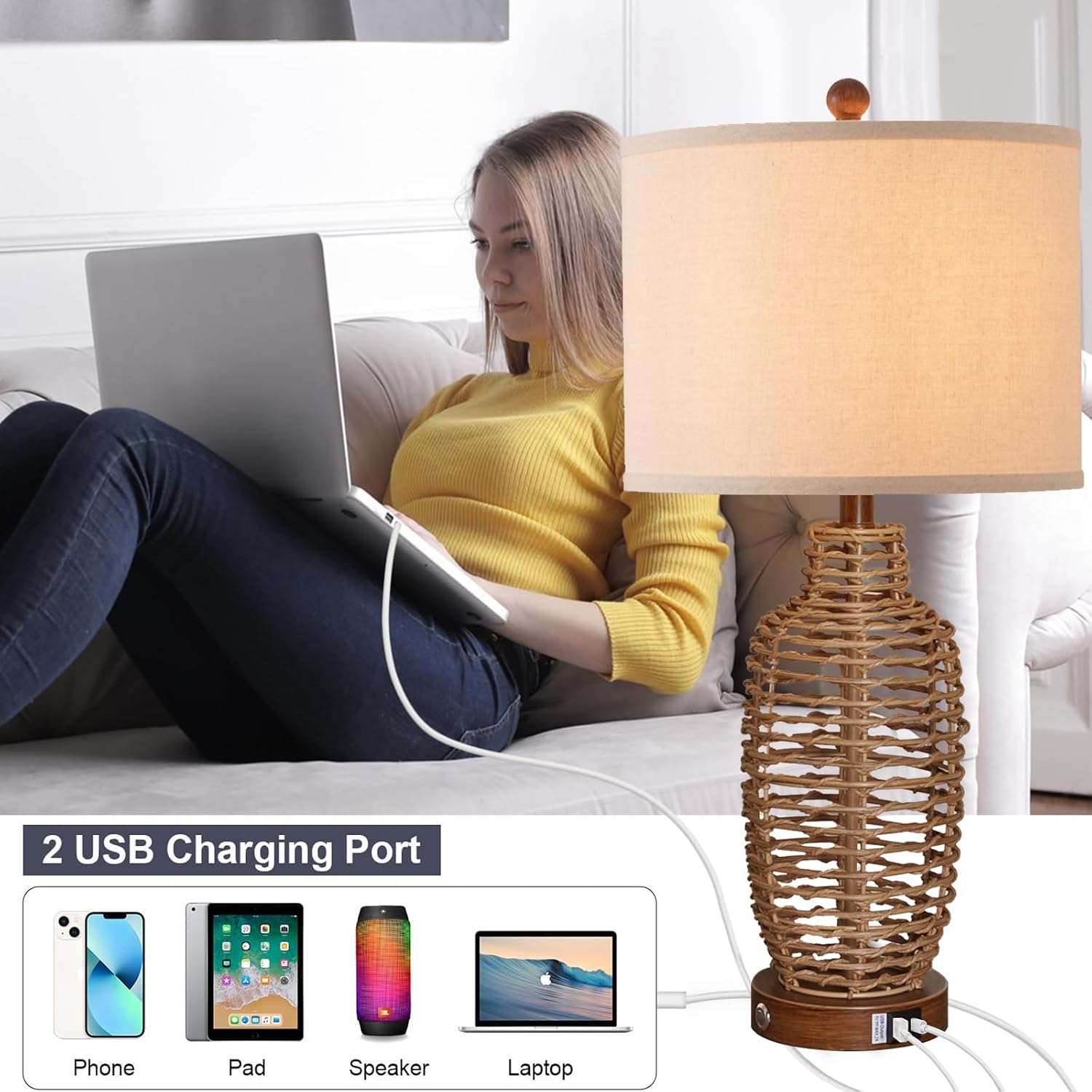 Touch Dimmable Rattan Lamp Set
