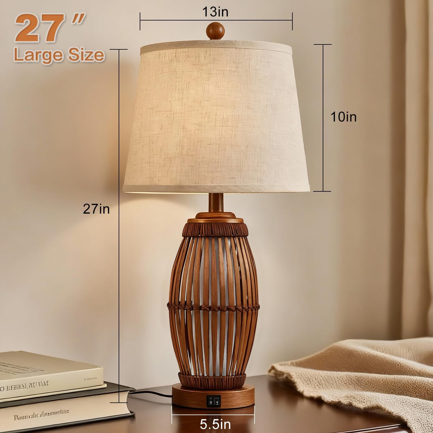 27" Bamboo USB Table Lamps Set
