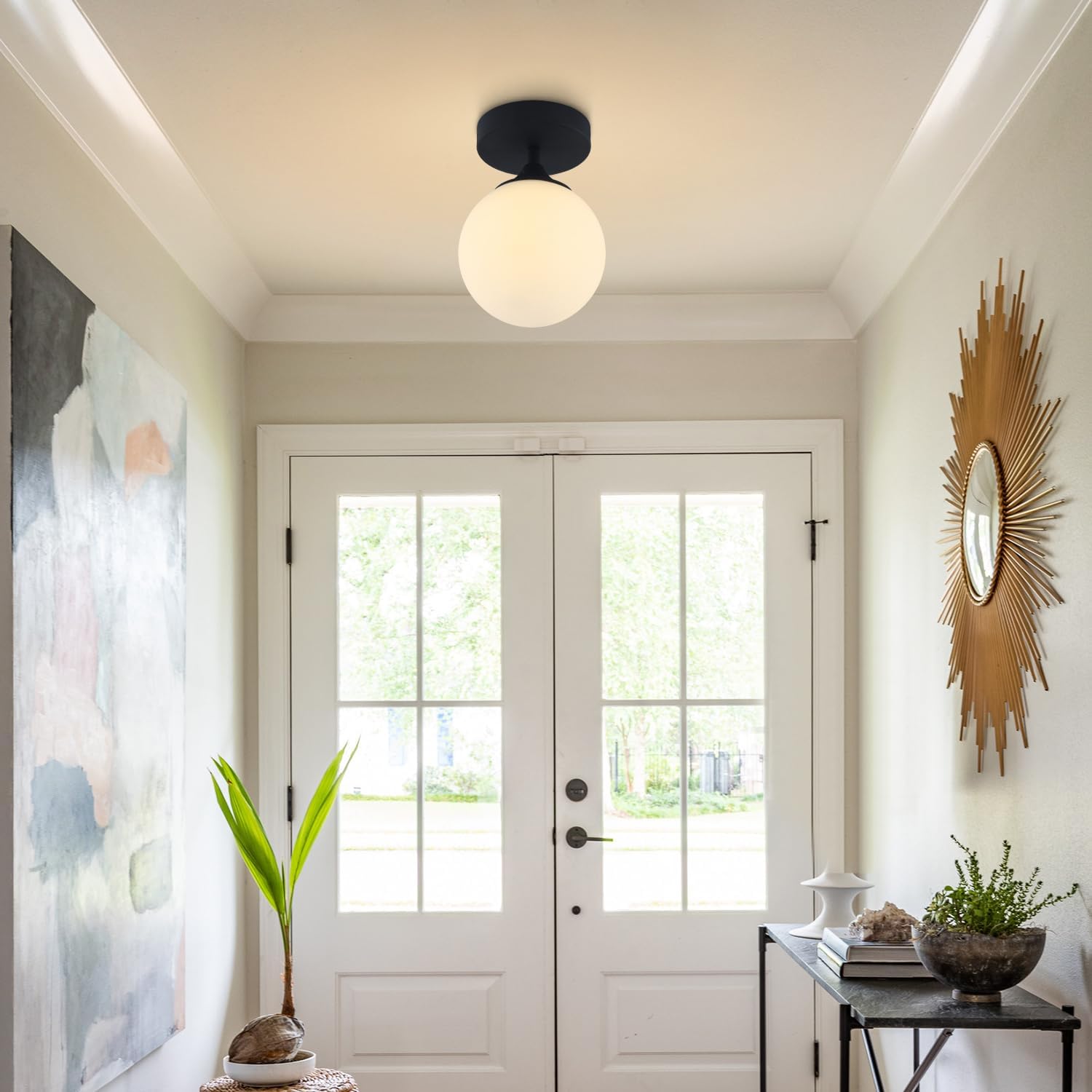 Black Milk Glass Globe Semi Flush Light