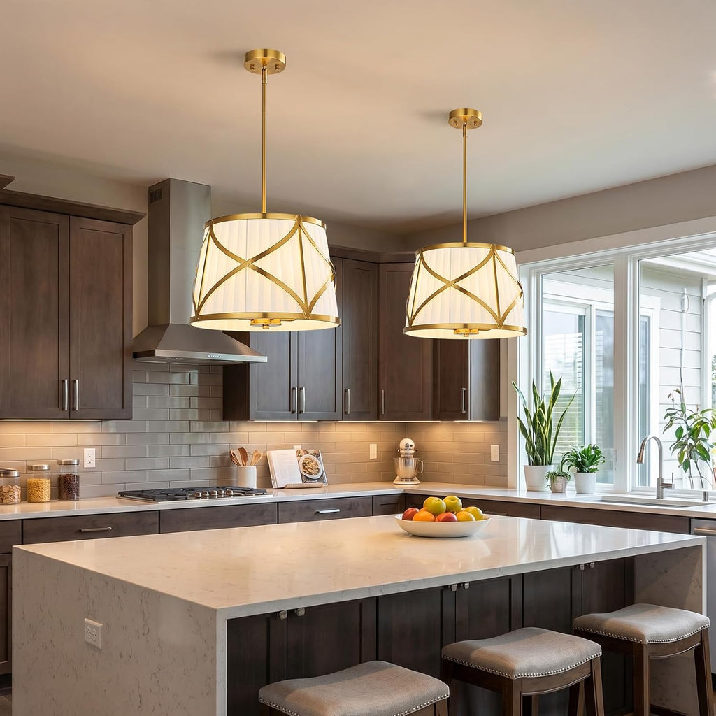 16" Gold White Fabric Drum Pendant Light