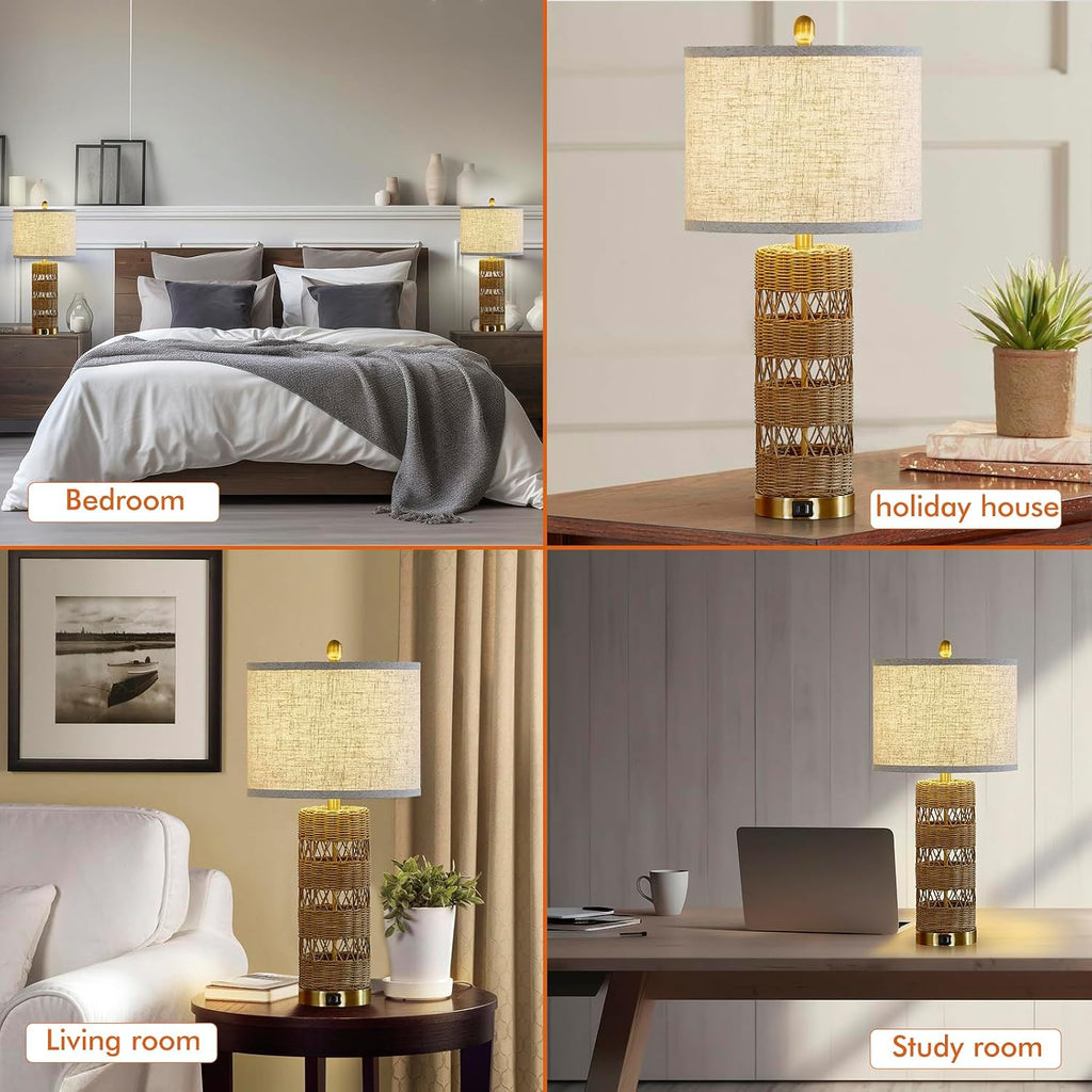 2 Rattan Bedside Table Lamps Set