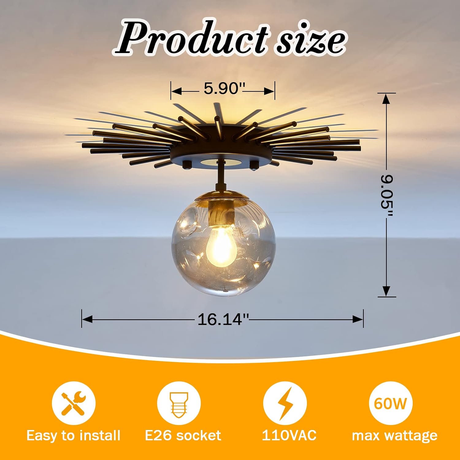 1-Light Black Sputnik Glass Globe Flush Mount Ceiling Light