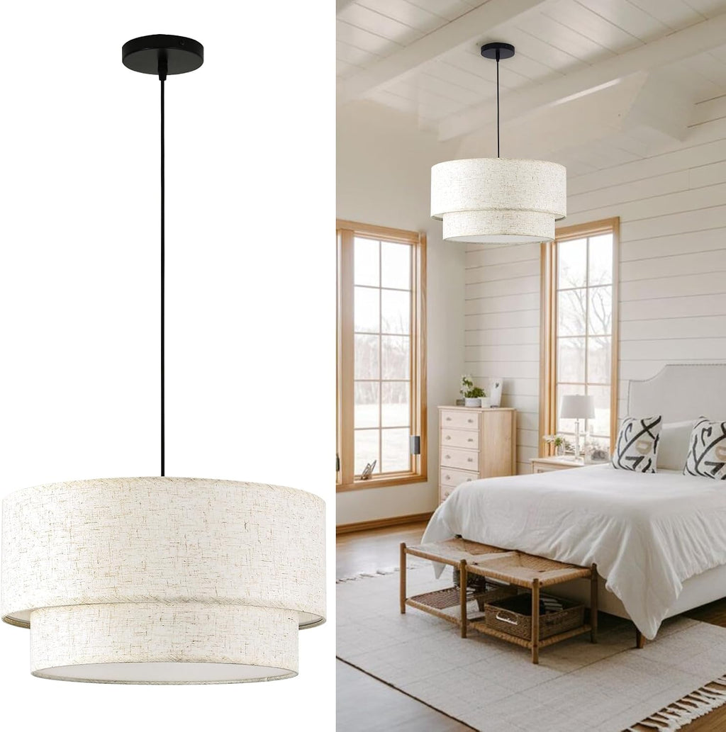 3-Light Double Linen Drum Chandelier